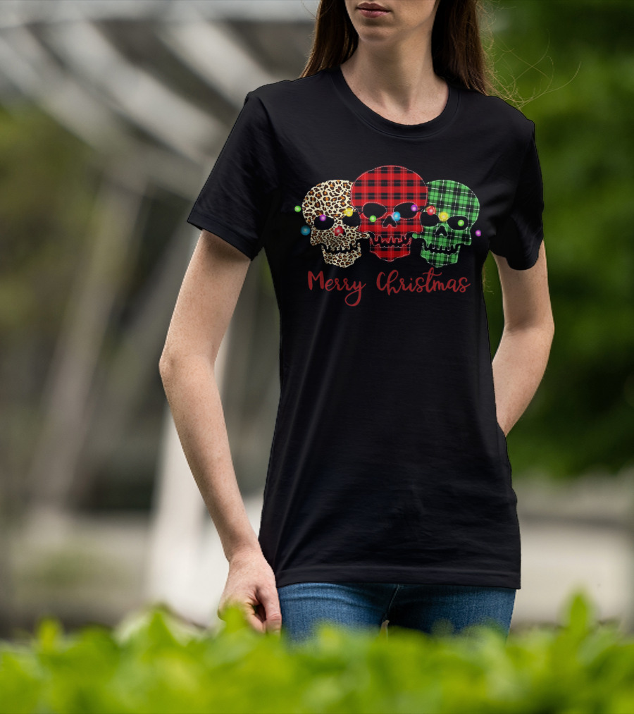Merry Christmas Skulls Leopard Red Green Plaid Printed T-Shirt