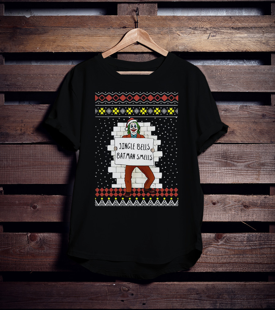 Jingle Bells Batman Smells Joker In Santa Hat Ugly Christmas T-Shirt