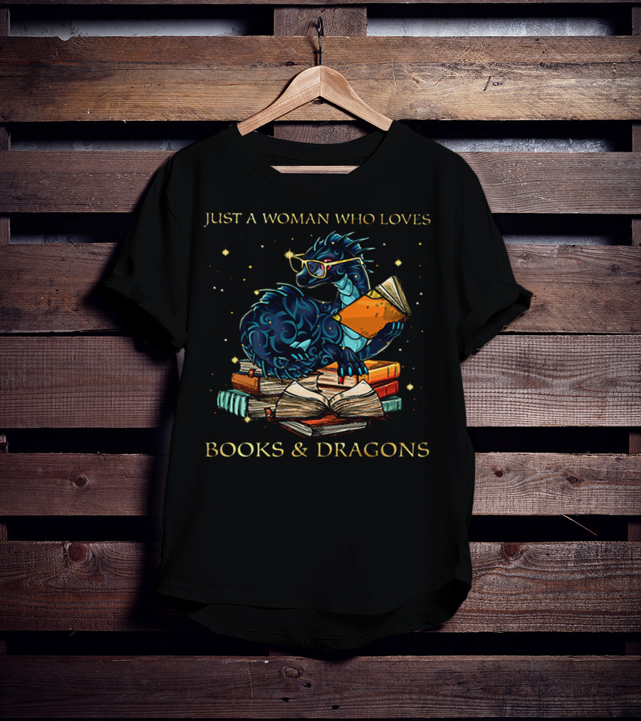 Just A Woman Who Loves Books And Dragons Wearing Glasses Blue Dragon With Book Stack T-Shirt