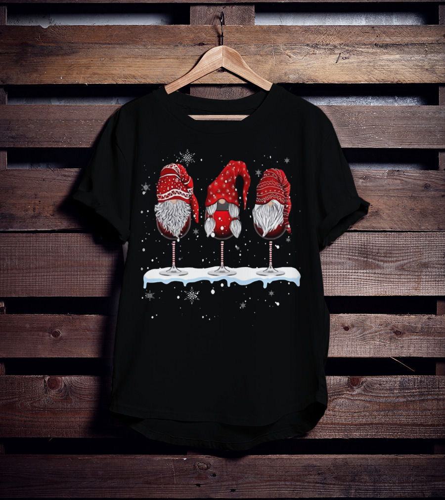Wine Glasses Gnomies Holiday Snowflakes Gnome Trio T-Shirt