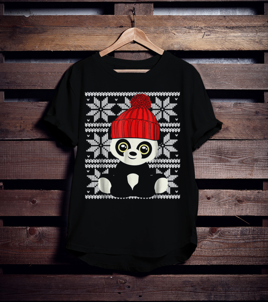 Ugly Sweater Christmas Panda Bear With Red Knit Hat T-Shirt
