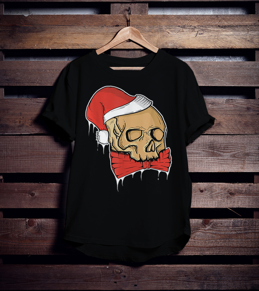 Vintage Skull Christmas Santa Hat Bow T-Shirt