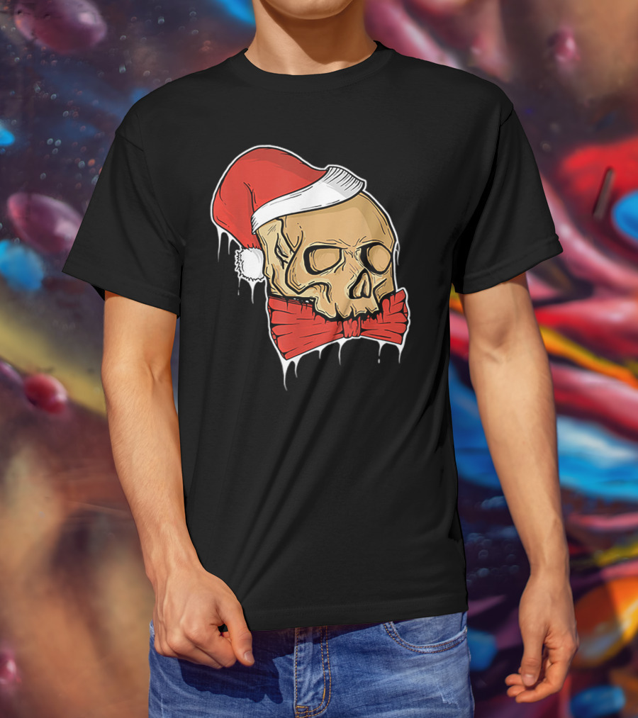 Vintage Skull Christmas Santa Hat Bow T-Shirt
