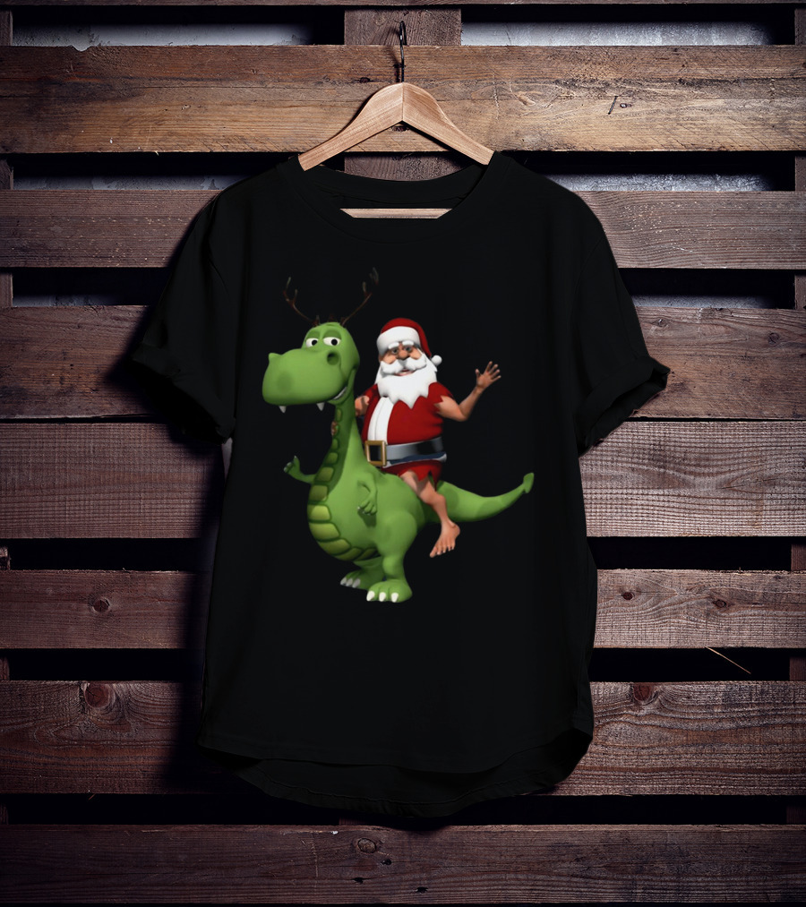 Santa Riding Rex Dinosaur Reindeer Christmas Holiday Fun T-Shirt