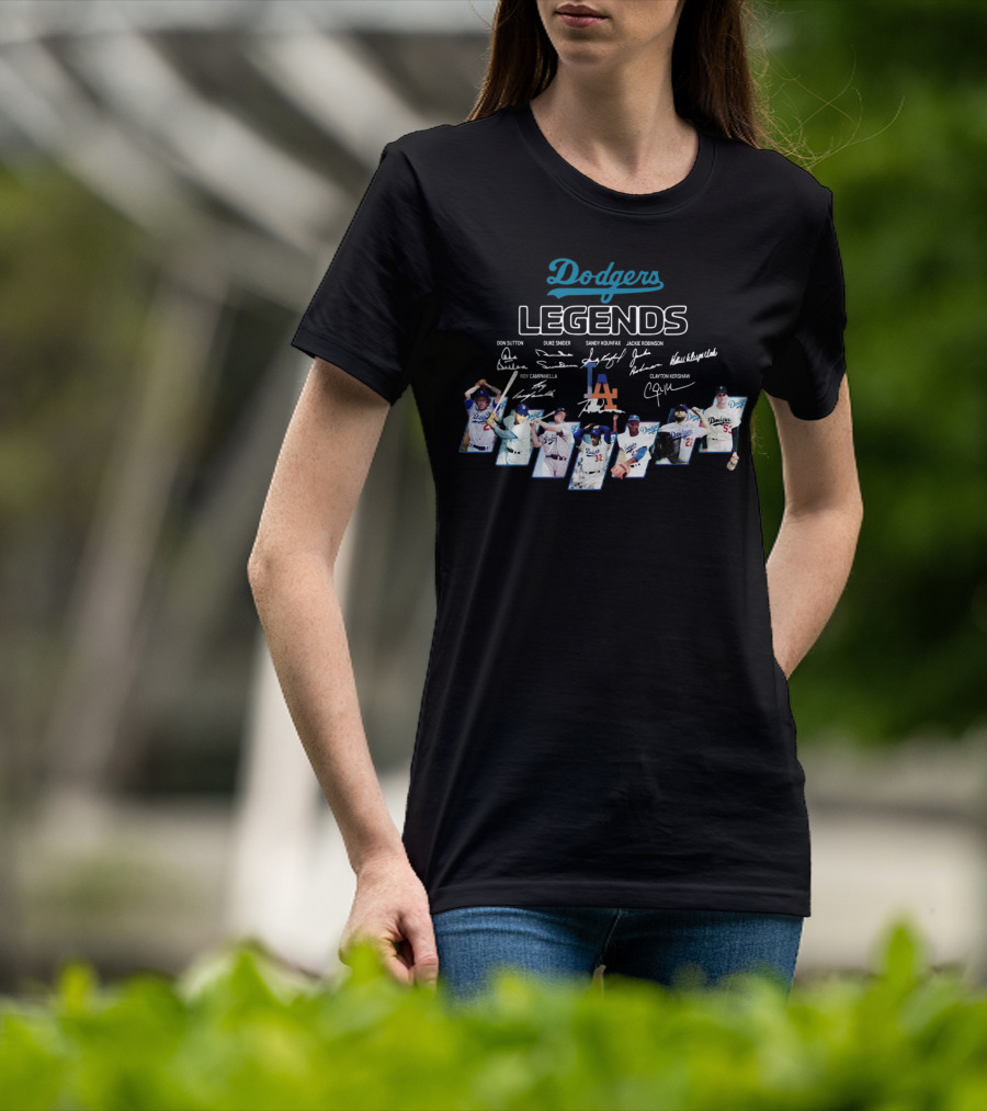 Dodgers Legends Don Sutton Duke Snider Sandy Koufax Jackie Robinson Roy Campanella Kirk Gibson Clayton Kershaw Signatures T-Shirt