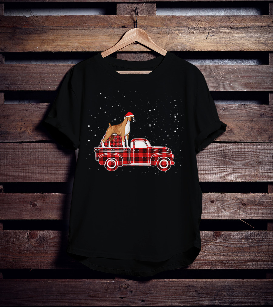 Boxer Buffalo Plaid Truck Xmas Santa Hat Snow T-Shirt