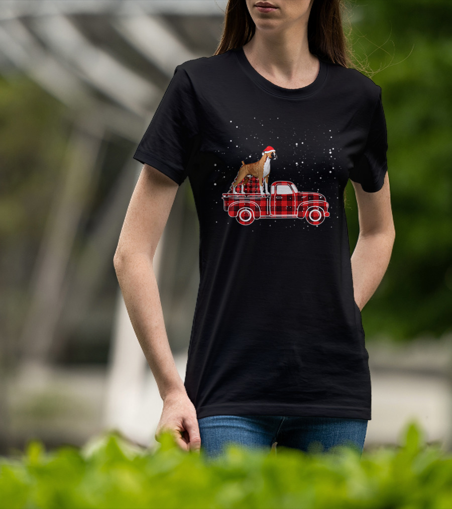 Boxer Buffalo Plaid Truck Xmas Santa Hat Snow T-Shirt