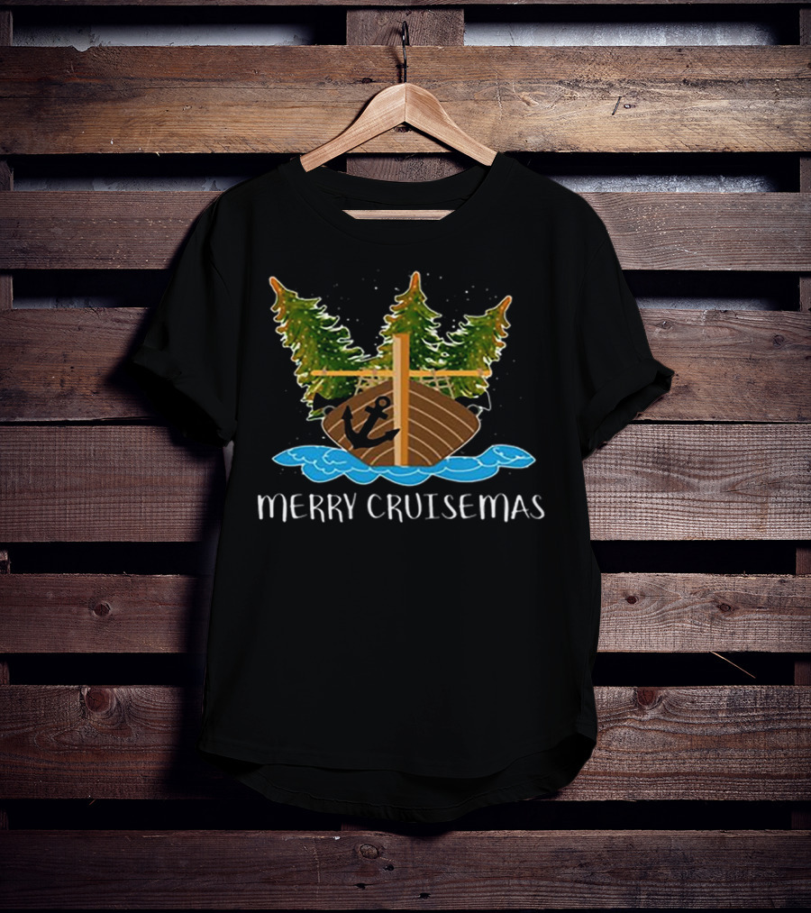 Merry Cruisemas Christmas Cruise Ship With Anchor And Festive Trees T-Shirt