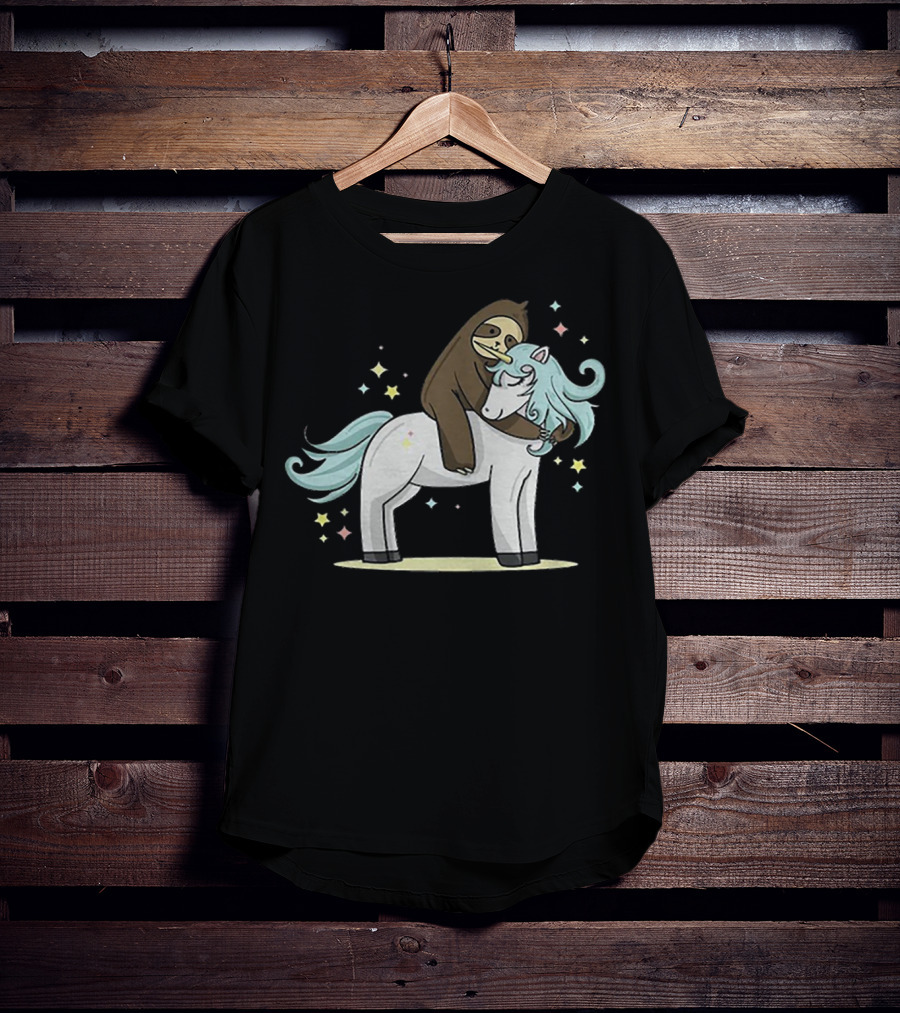 Sloth Hugging Magical Unicorn Surrounded By Sparkling Stars T-Shirt