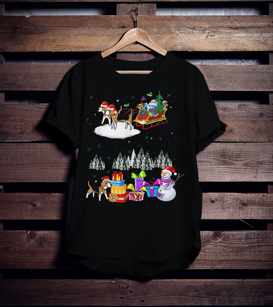 Beagle Reindeer Christmas Santa Sleigh Snowman Presents Trees Moon T-Shirt