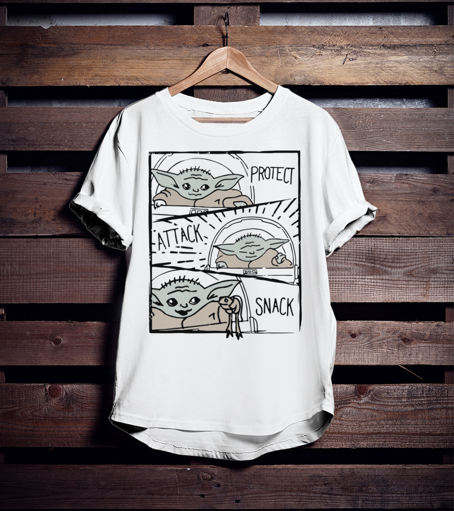 Star Wars Mandalorian Baby Yoda The Child Protect Attack Snack Comic Strip T-Shirt