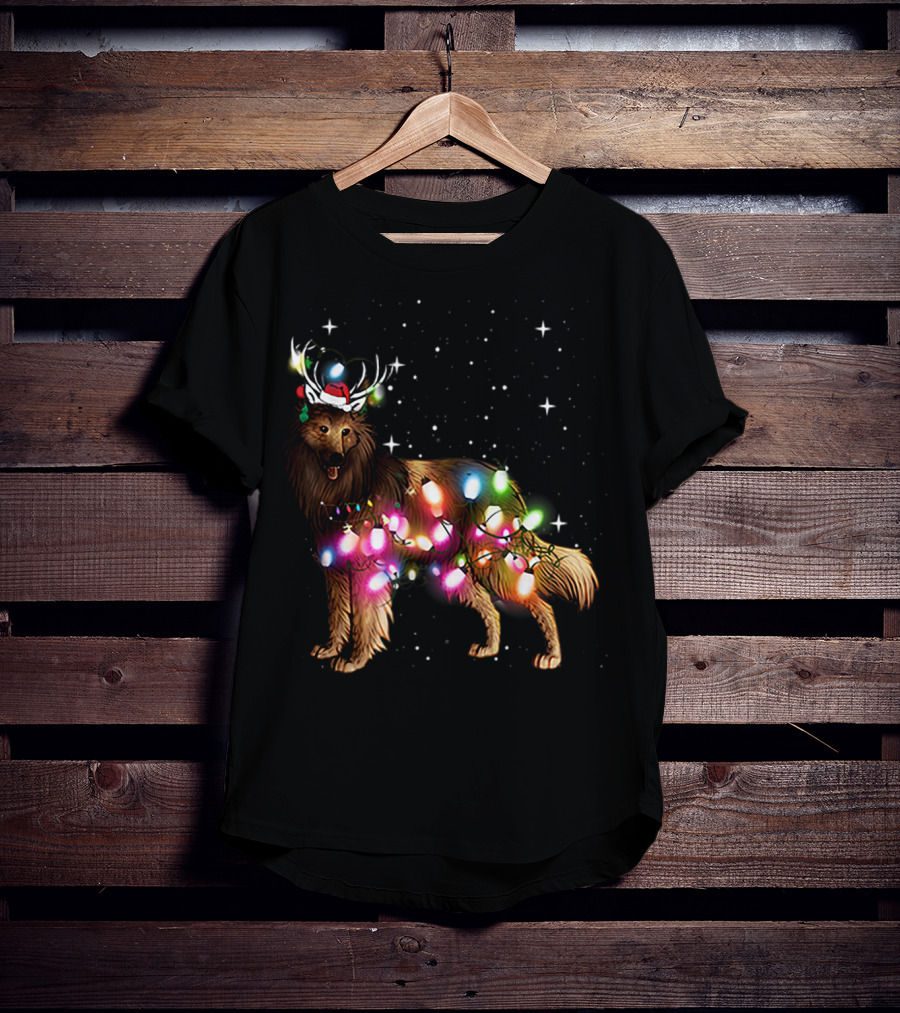 Belgian Tervuren In Santa Hat With Holiday Christmas Lights And Snowflakes T-Shirt