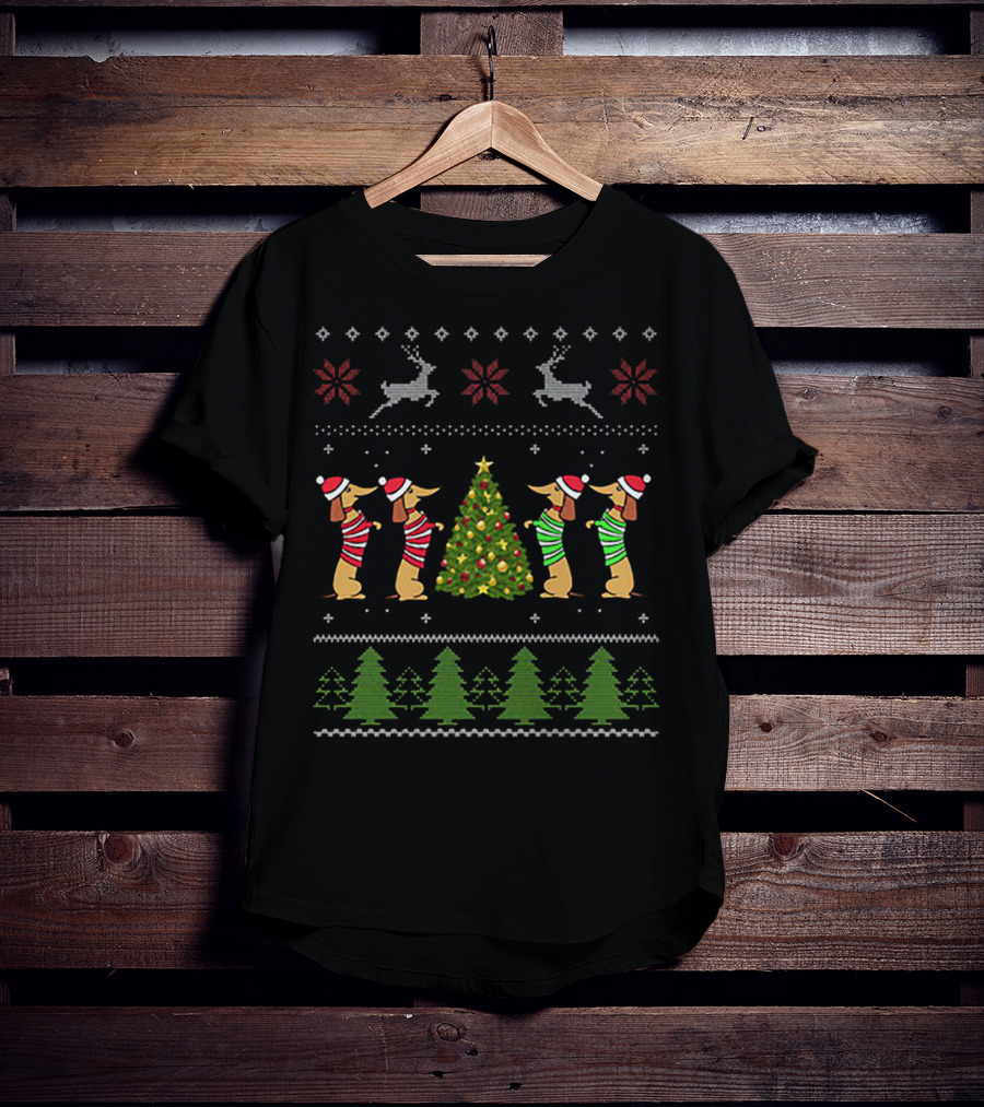 Dachshund Ugly Christmas Sweater Tree Reindeer T-Shirt