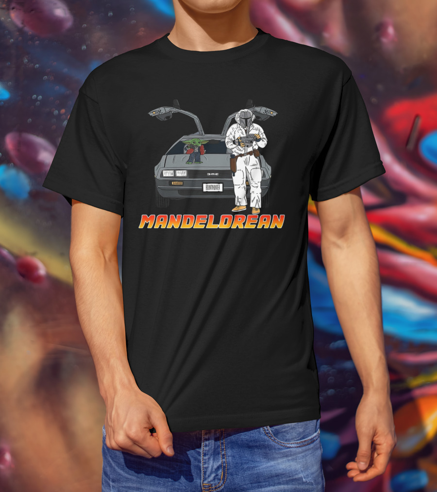 Mandelorean Baby Yoda And Boba Fett With DeLorean Car T-Shirt