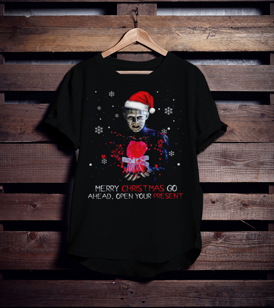 Merry Christmas Go Ahead Open Your Present Pinhead Santa Hat Snowflakes T-Shirt