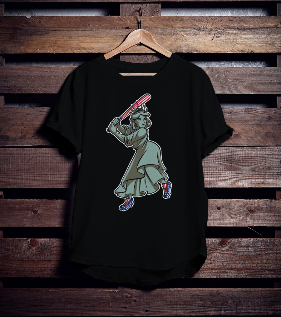 Liberty Statue Playing Baseball With American Flag Bat And Star-Spangled Shoes T-Shirt