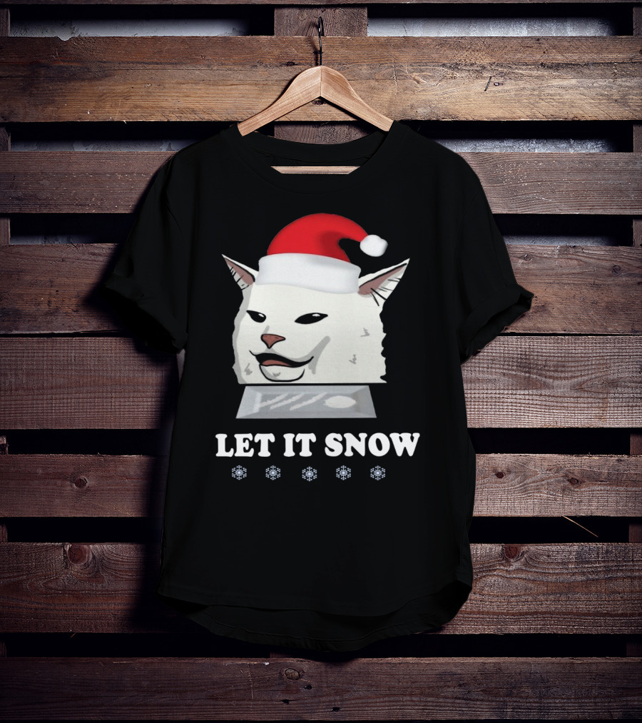 Let It Snow Cat In Santa Hat With Snowflakes T-Shirt