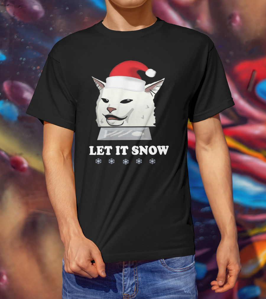 Let It Snow Cat In Santa Hat With Snowflakes T-Shirt