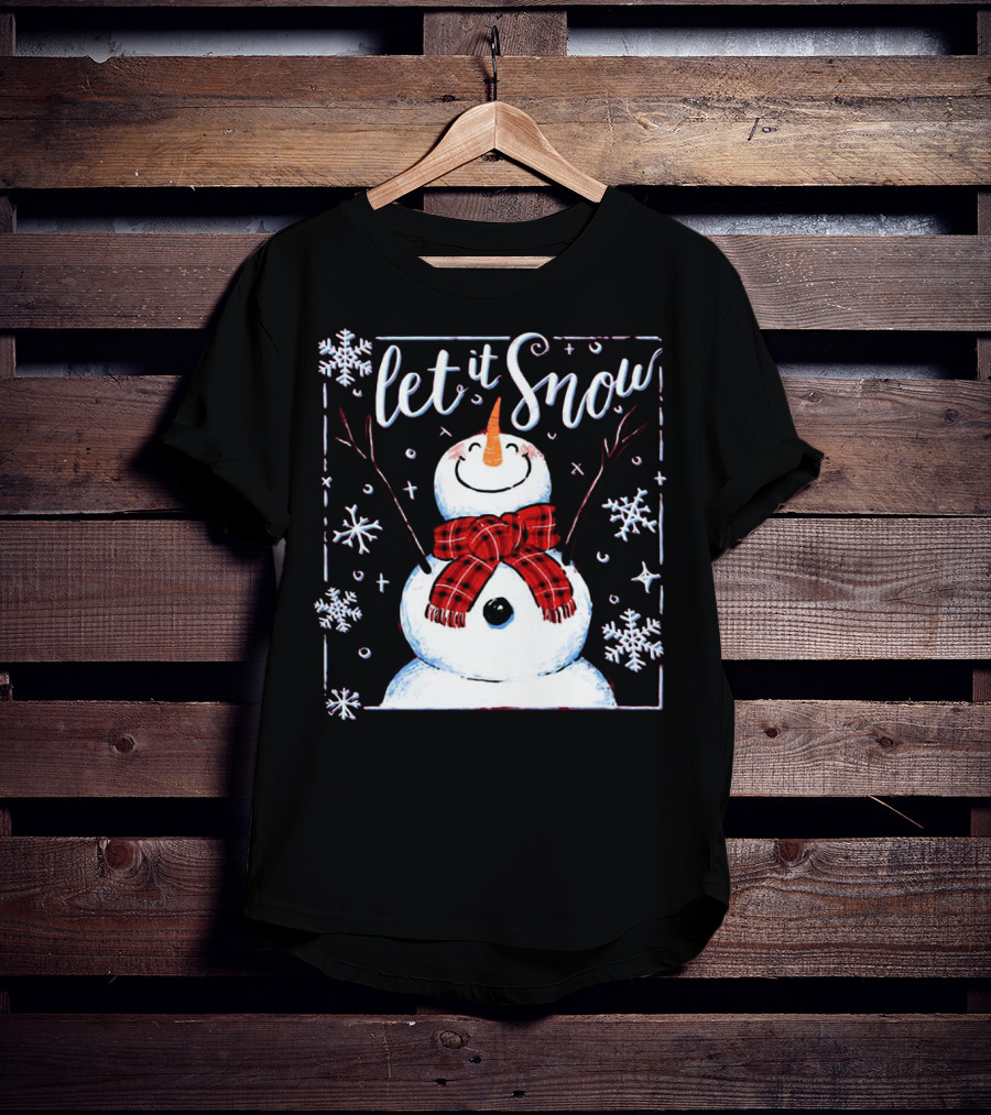 Let It Snow Santa Snowman With Scarf And Snowflakes T-Shirt