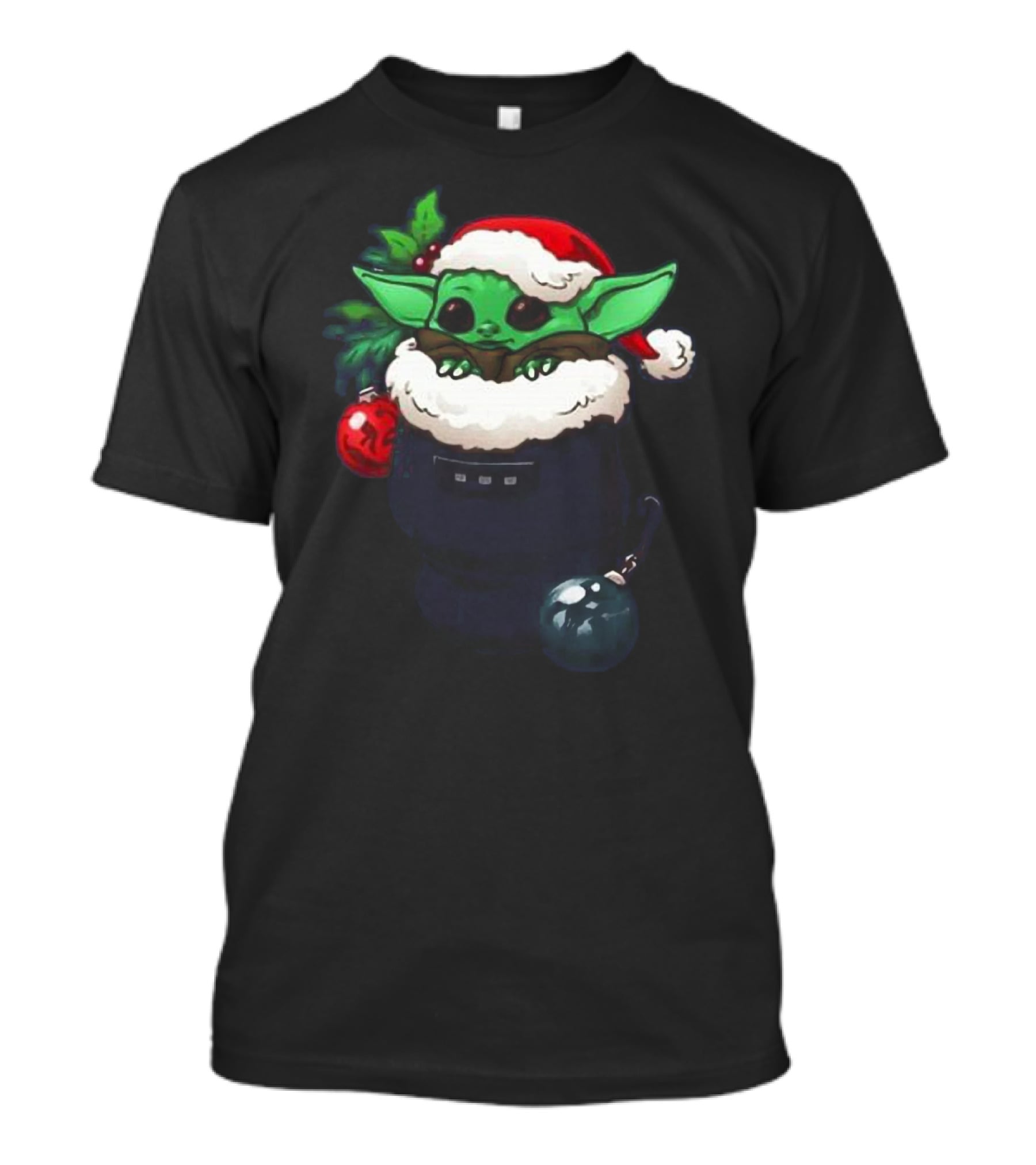 Santa Baby Yoda Christmas Stocking With Festive Ornaments And Santa Hat T-Shirt
