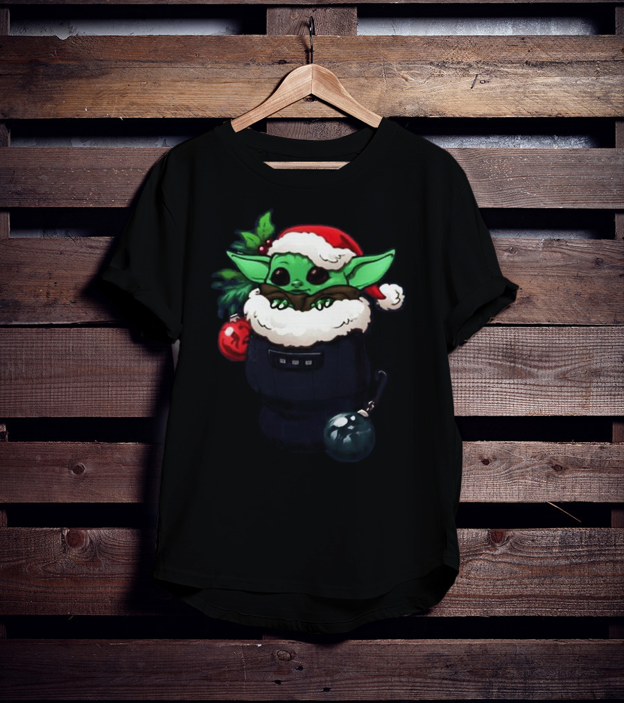 Santa Baby Yoda Christmas Stocking With Festive Ornaments And Santa Hat T-Shirt