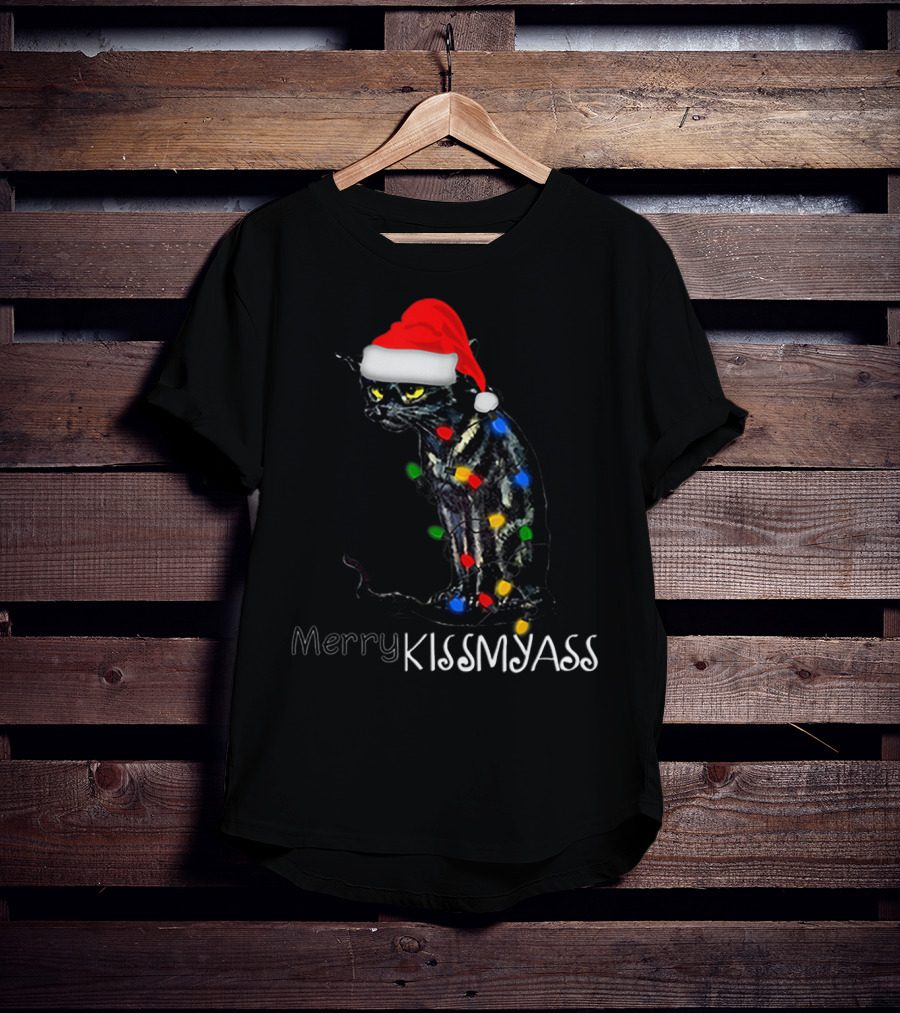 Merry Kissmyass Black Cat Santa Hat Christmas Lights T-Shirt