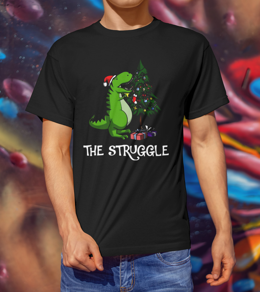 T Rex Dinosaur The Struggle With Christmas Tree T-Shirt