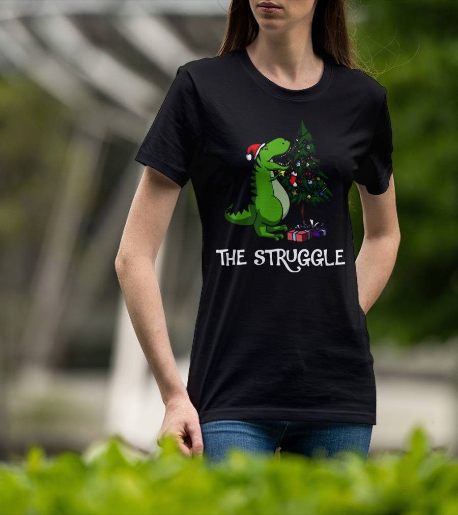 T Rex Dinosaur The Struggle With Christmas Tree T-Shirt