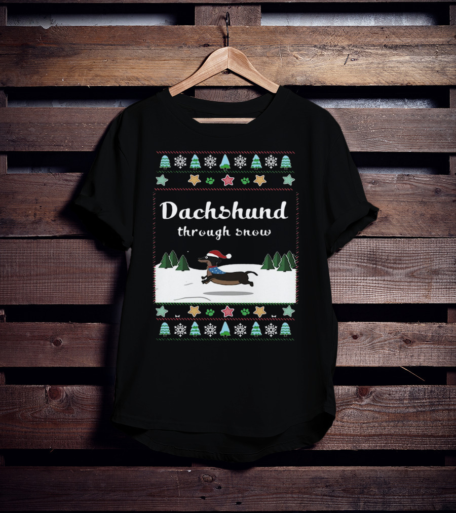 Dachshund Through Snow Christmas Sweater Style With Trees And Stars T-Shirt