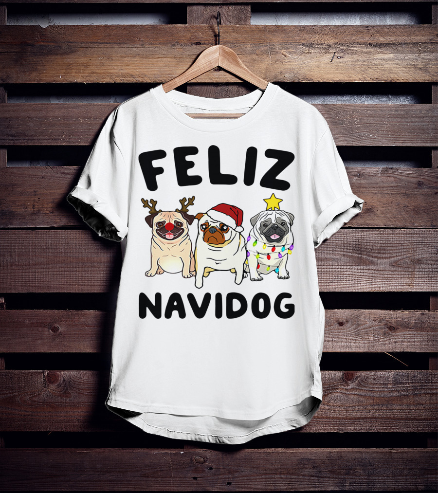 Feliz Navidog Pugs Christmas Reindeer Santa Lights T-Shirt