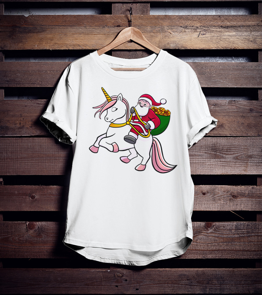 Santa Riding Unicorn With Sack Of Gifts For Cute Girls T-Shirt