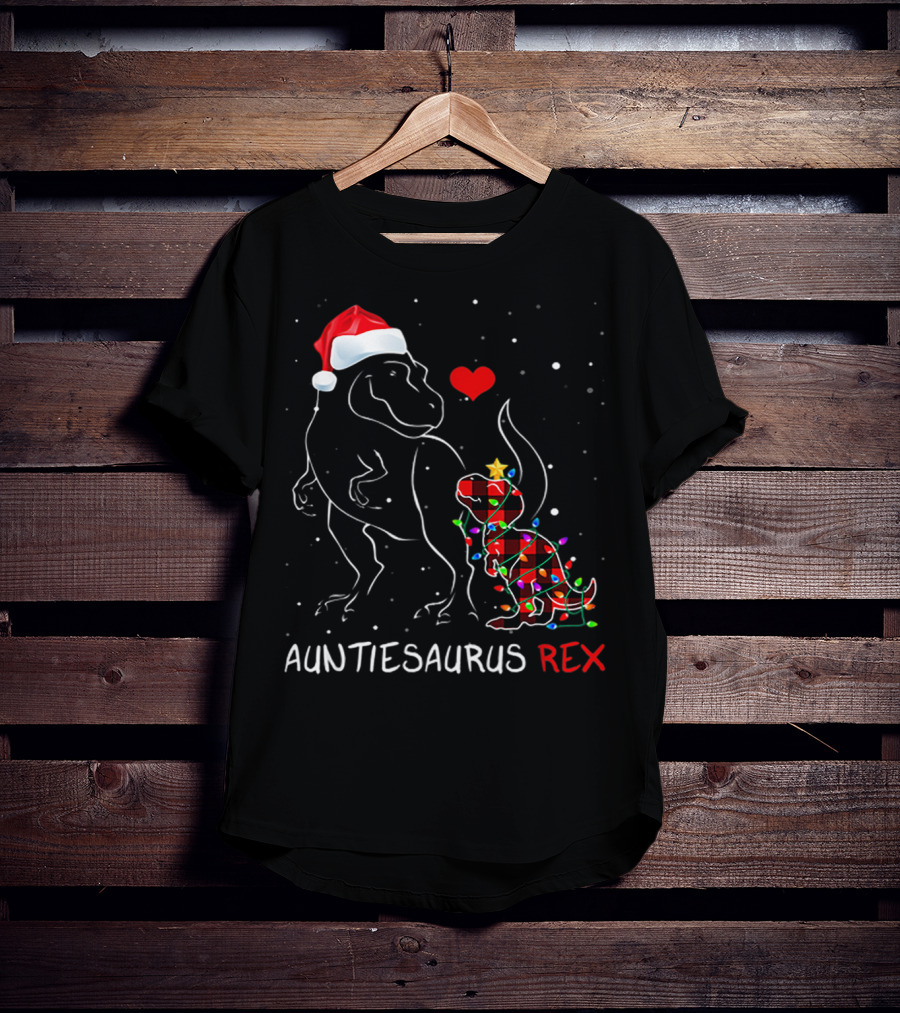 AUNTIESAURUS REX Red Plaid Christmas Dinosaur With Santa Hat And Lights T-Shirt