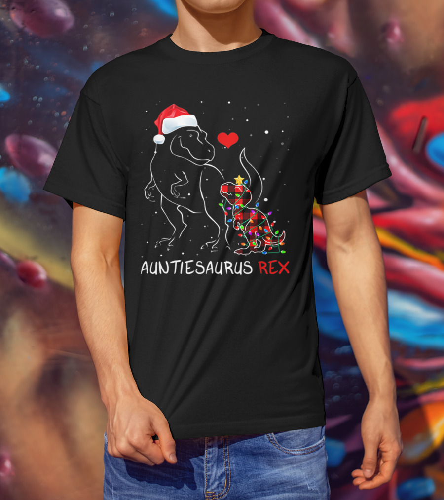 AUNTIESAURUS REX Red Plaid Christmas Dinosaur With Santa Hat And Lights T-Shirt