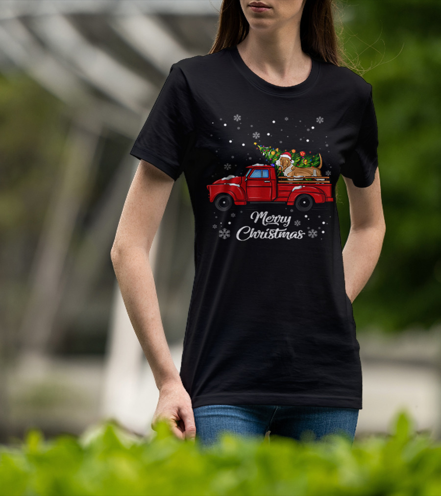 Merry Christmas Basset Hound With Santa Hat On Red Truck With Christmas Tree And Snowflakes T-Shirt