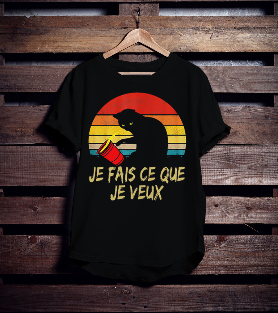 Black Cat Je Fais Ce Que Je Veux Retro Sunset Silhouette 80s T-Shirt