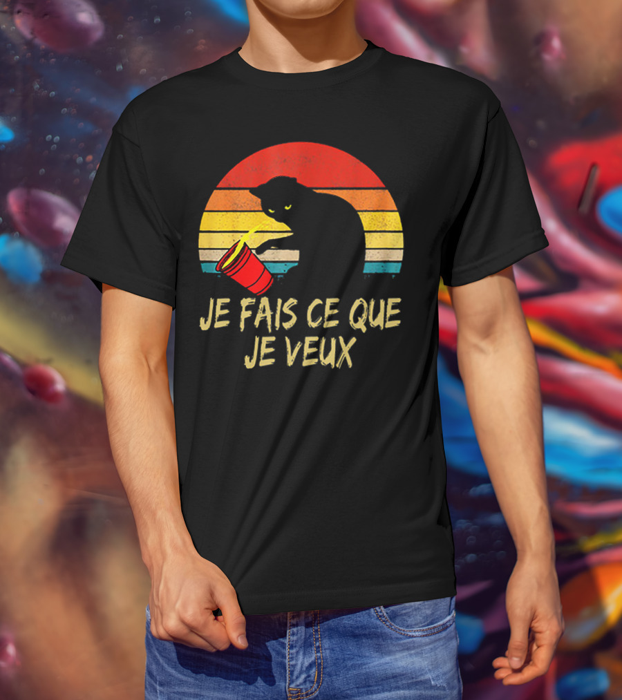 Black Cat Je Fais Ce Que Je Veux Retro Sunset Silhouette 80s T-Shirt