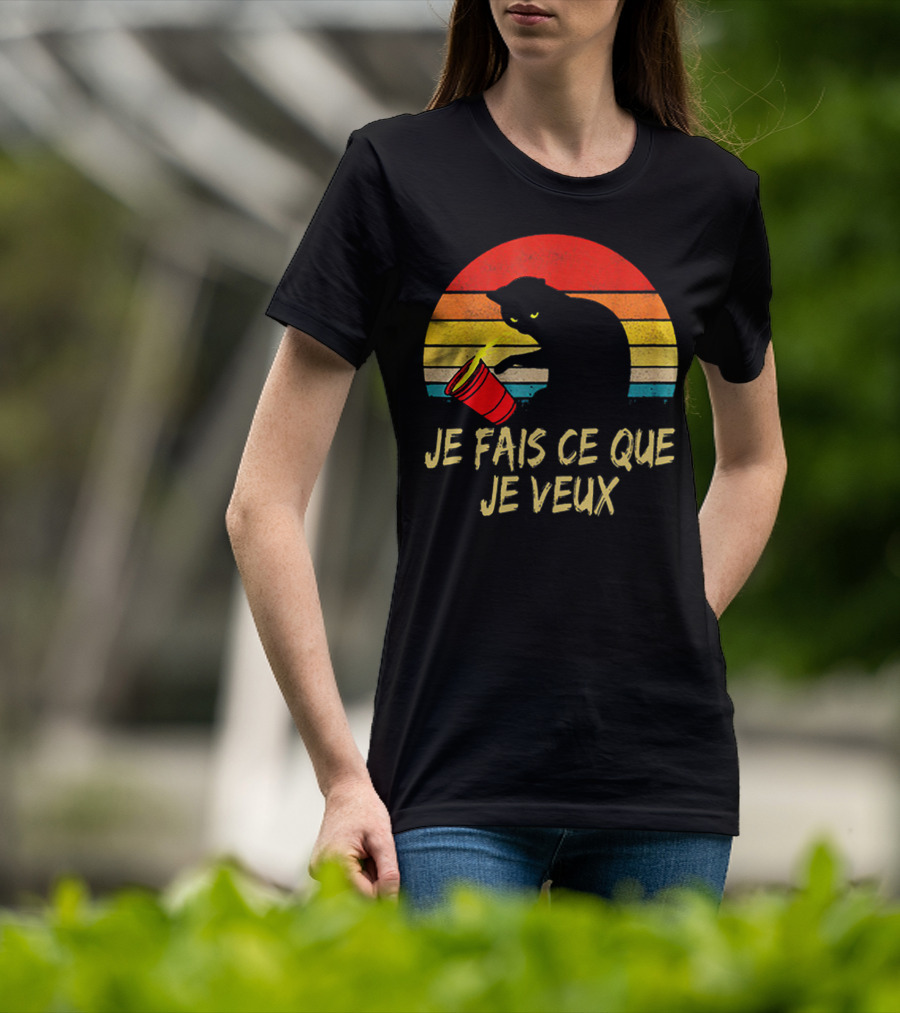 Black Cat Je Fais Ce Que Je Veux Retro Sunset Silhouette 80s T-Shirt