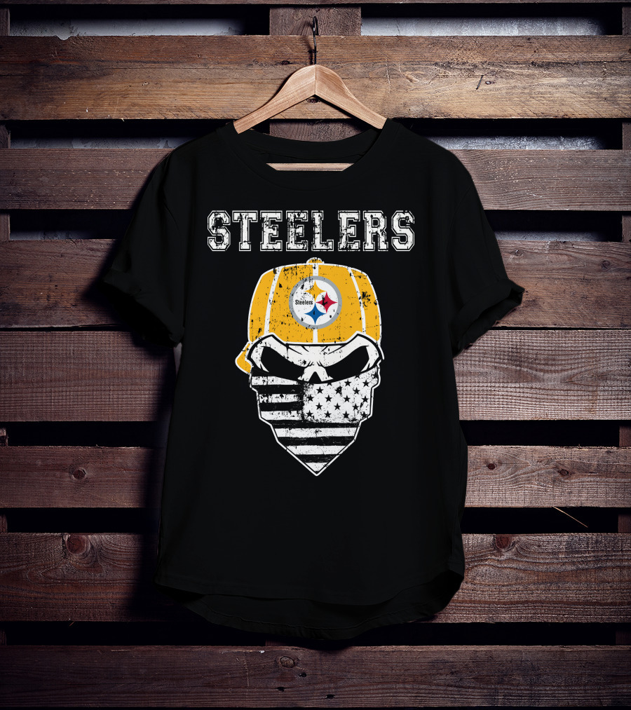 Steelers Skull With American Flag Bandana And Hat T-Shirt