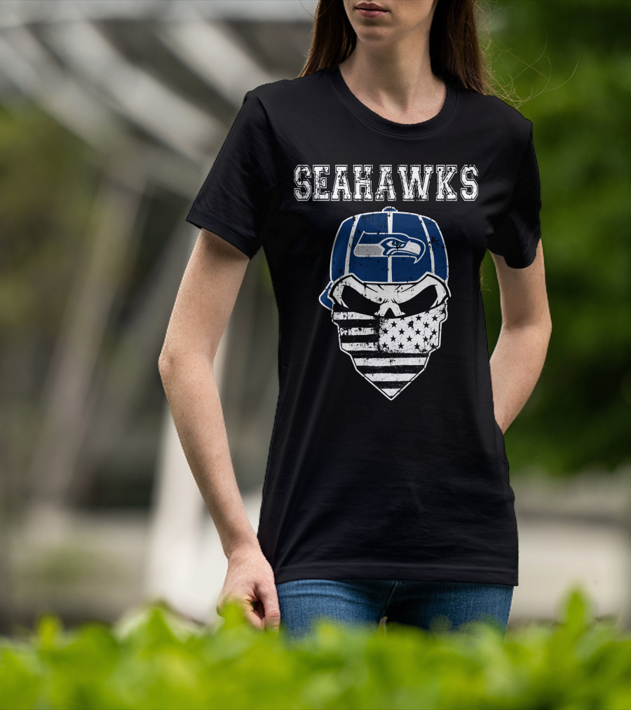 Seahawks Skull With Flag Bandana T-Shirt