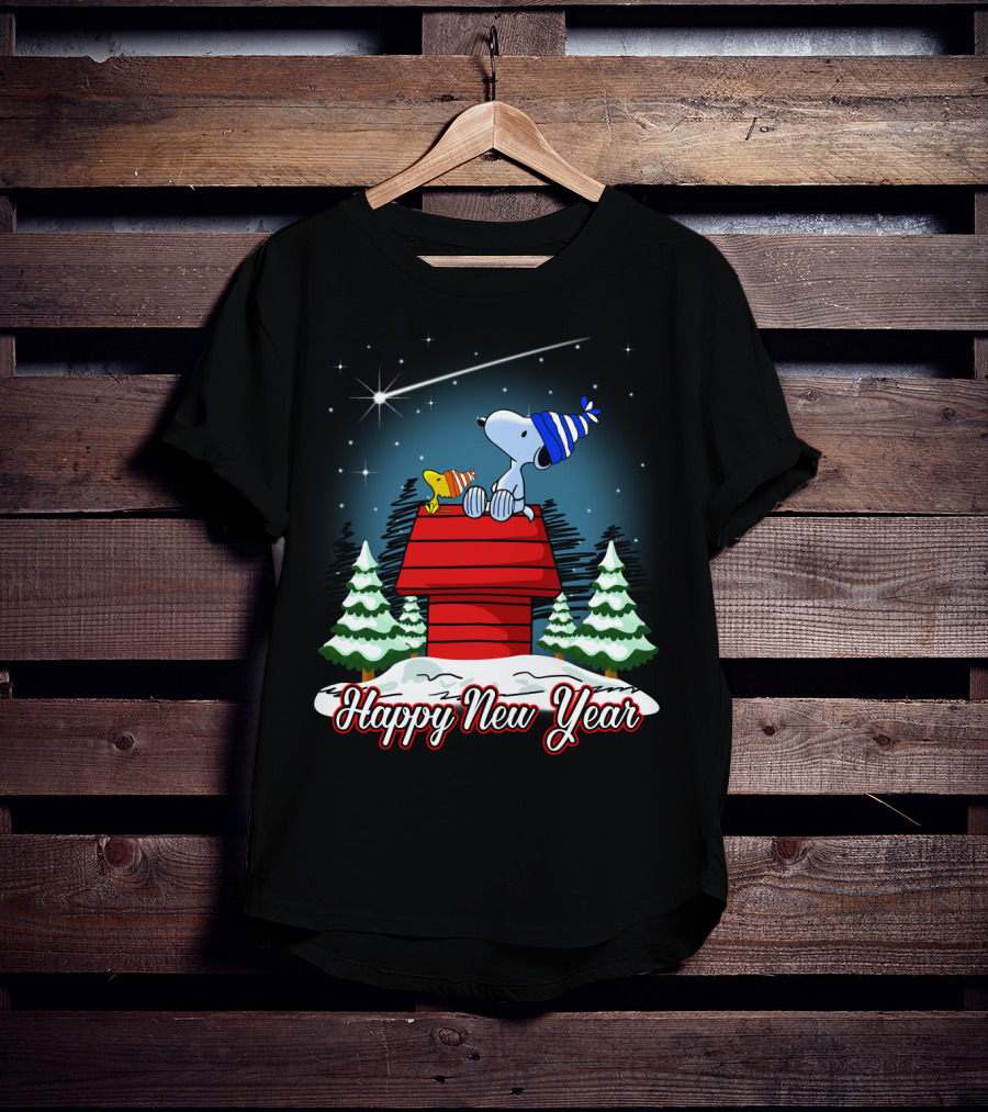 Snoopy Happy New Year With Woodstock On Doghouse Under Starry Sky T-Shirt