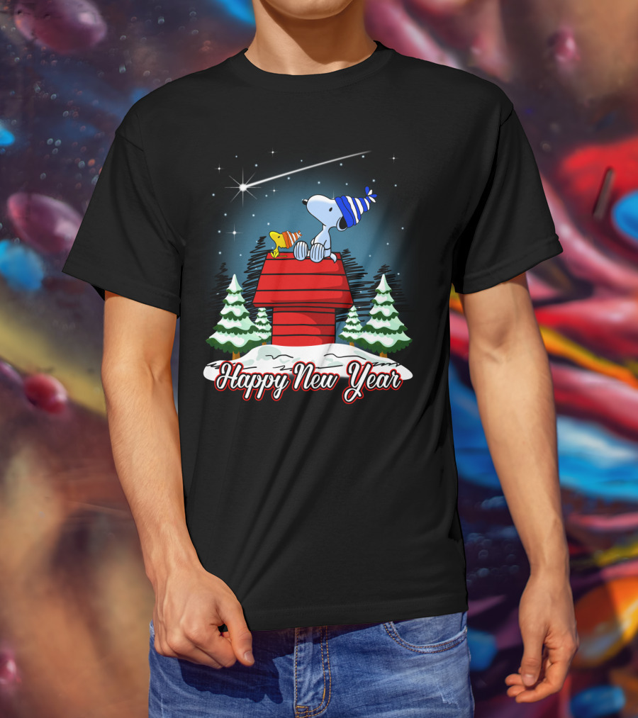 Snoopy Happy New Year With Woodstock On Doghouse Under Starry Sky T-Shirt