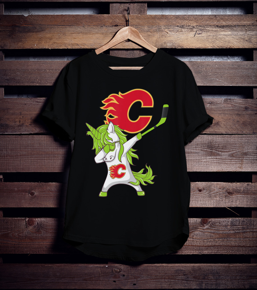 St Patrick Day Dabbing Unicorn Calgary Flames Hockey Stick T-Shirt