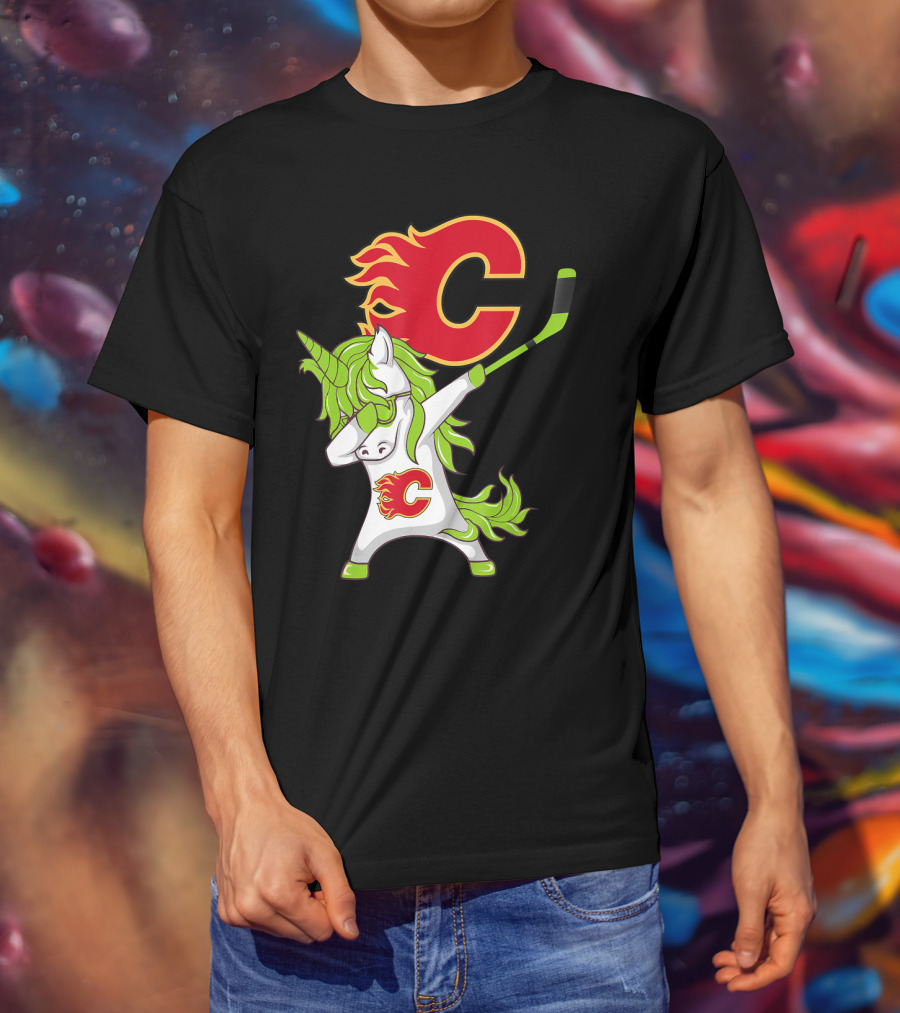 St Patrick Day Dabbing Unicorn Calgary Flames Hockey Stick T-Shirt