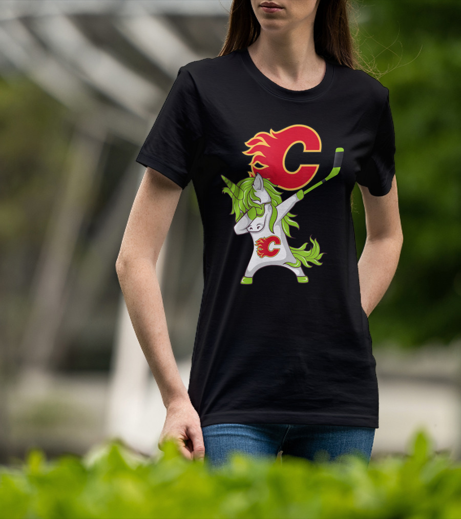 St Patrick Day Dabbing Unicorn Calgary Flames Hockey Stick T-Shirt