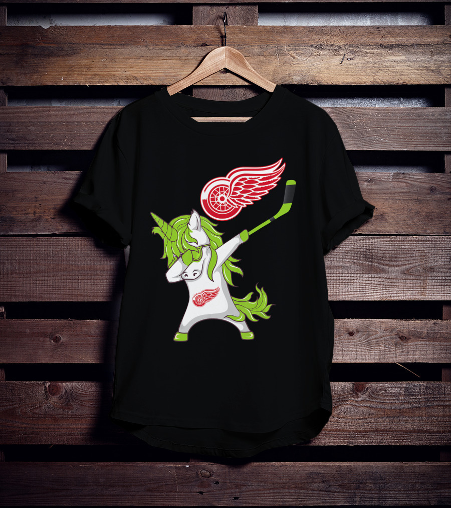 Detroit Red Wings St Patrick's Day Dabbing Unicorn Hockey Stick T-Shirt