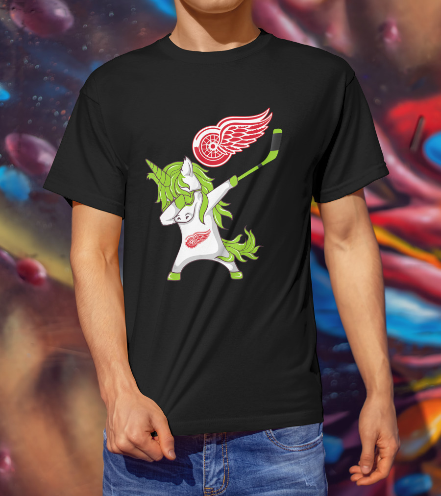 Detroit Red Wings St Patrick's Day Dabbing Unicorn Hockey Stick T-Shirt