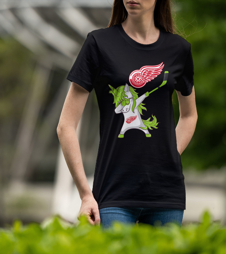 Detroit Red Wings St Patrick's Day Dabbing Unicorn Hockey Stick T-Shirt