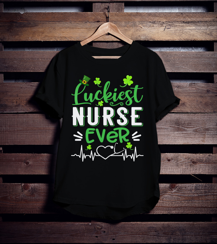 Luckiest Nurse Ever Shamrock Top Hat Heartbeat St Patrick T-Shirt