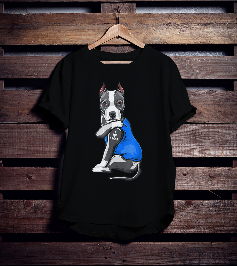 Pit Bull Dog I Love Mom Tattoo Blue T-Shirt