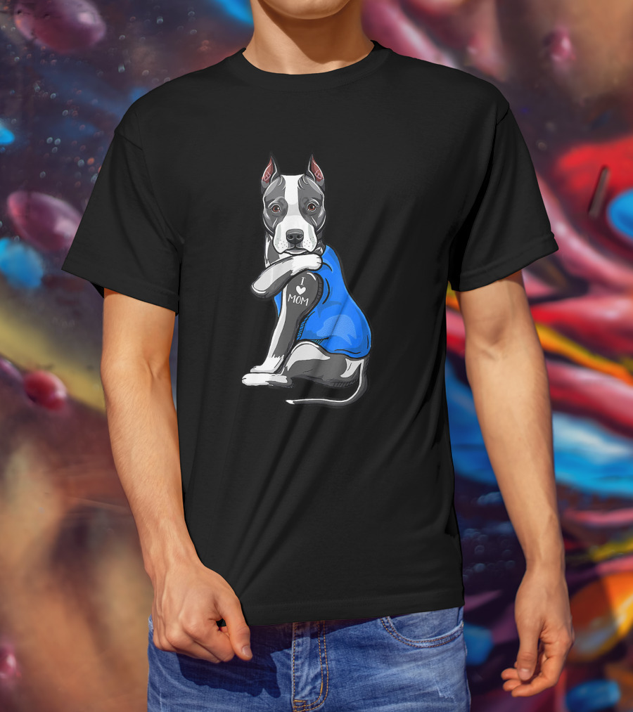 Pit Bull Dog I Love Mom Tattoo Blue T-Shirt